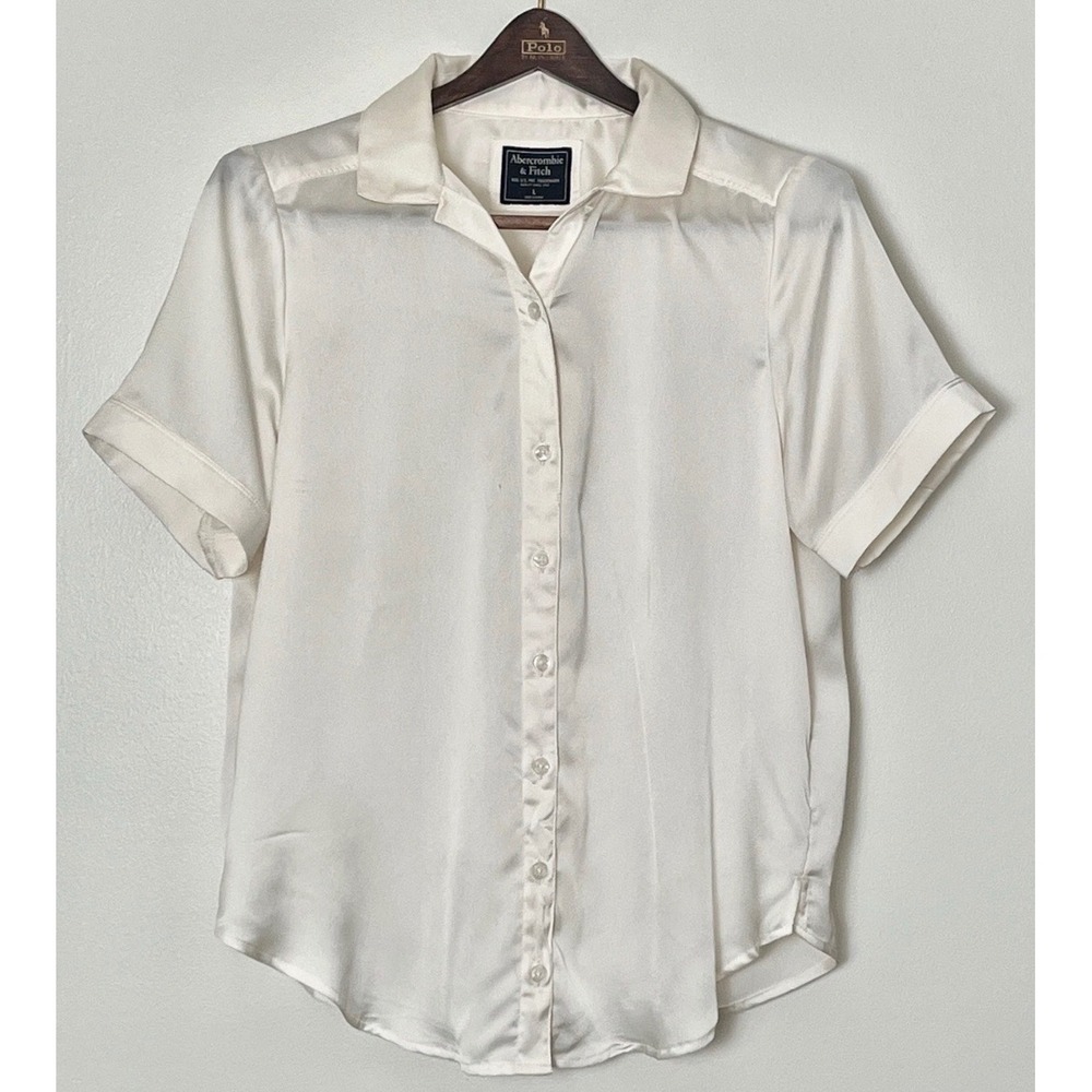 Abercrombie & Fitch Satin Button Up Shirt Large Cream Short Sleeve Size